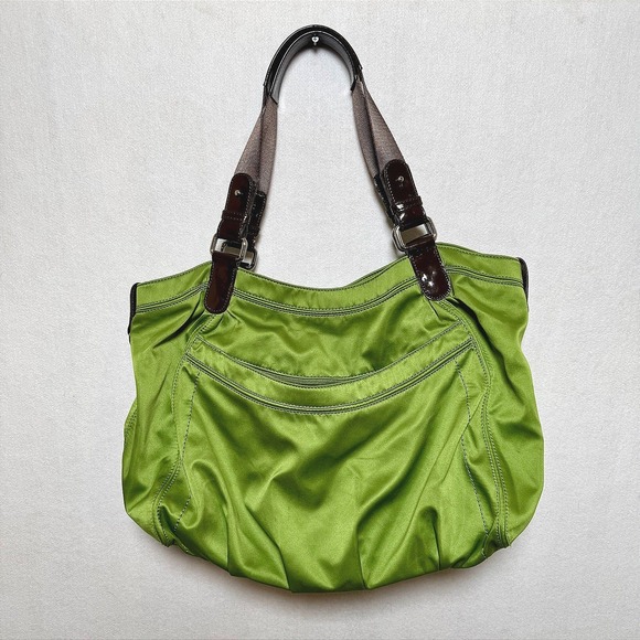 Liz Claiborne Handbags - Liz Claiborne Lime Green Nylon Shoulder Bag Brown Patent Leather Trim Hobo Tote